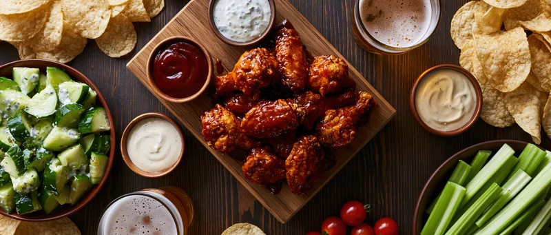Overhead flat lay of game-day snacks including chicken wings, chips, celery, cucumbers, dips and beer on a dark wood table