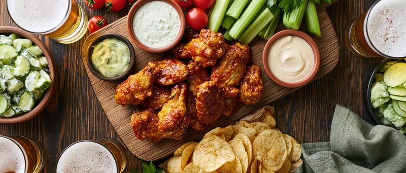 Overhead flat lay of game-day snacks and beer on a dark wood table