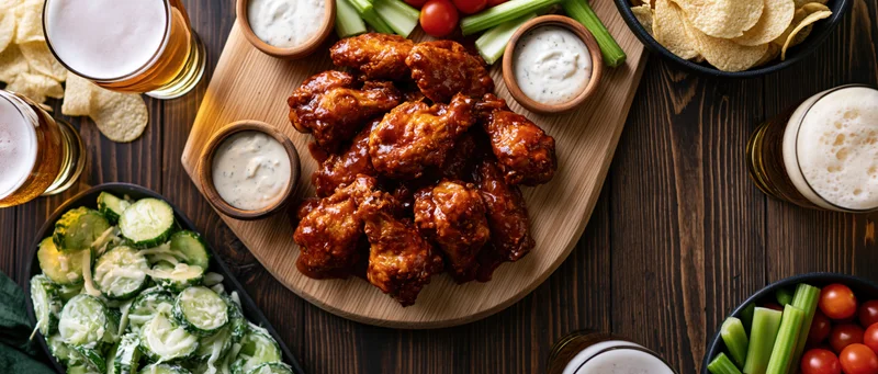 Buffalo chicken wings with dips and snacks arranged on a dark wood table for game day