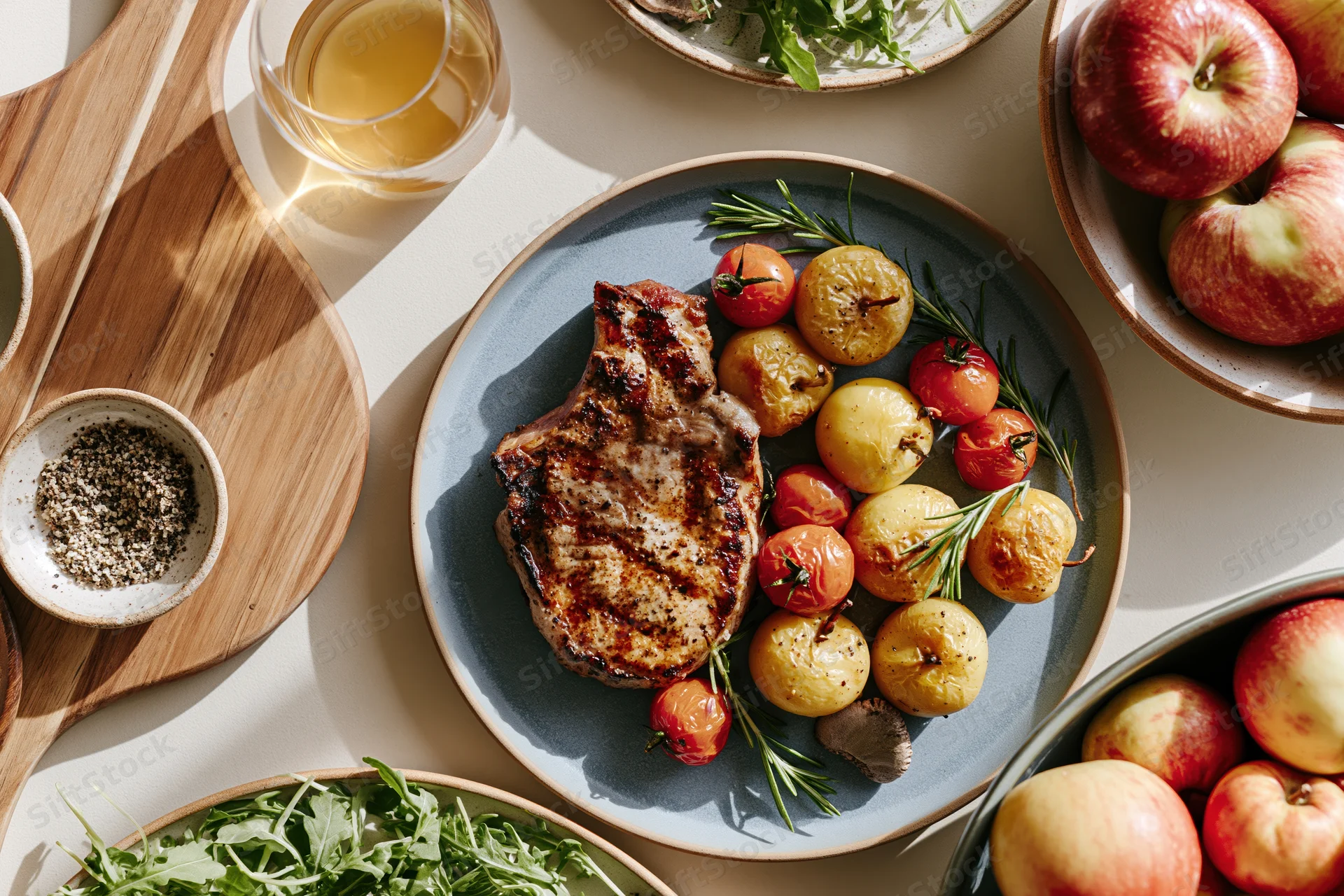 Grilled pork chop with roasted potatoes and tomatoes on a blue plate surrounded by apples and herbs on a white table