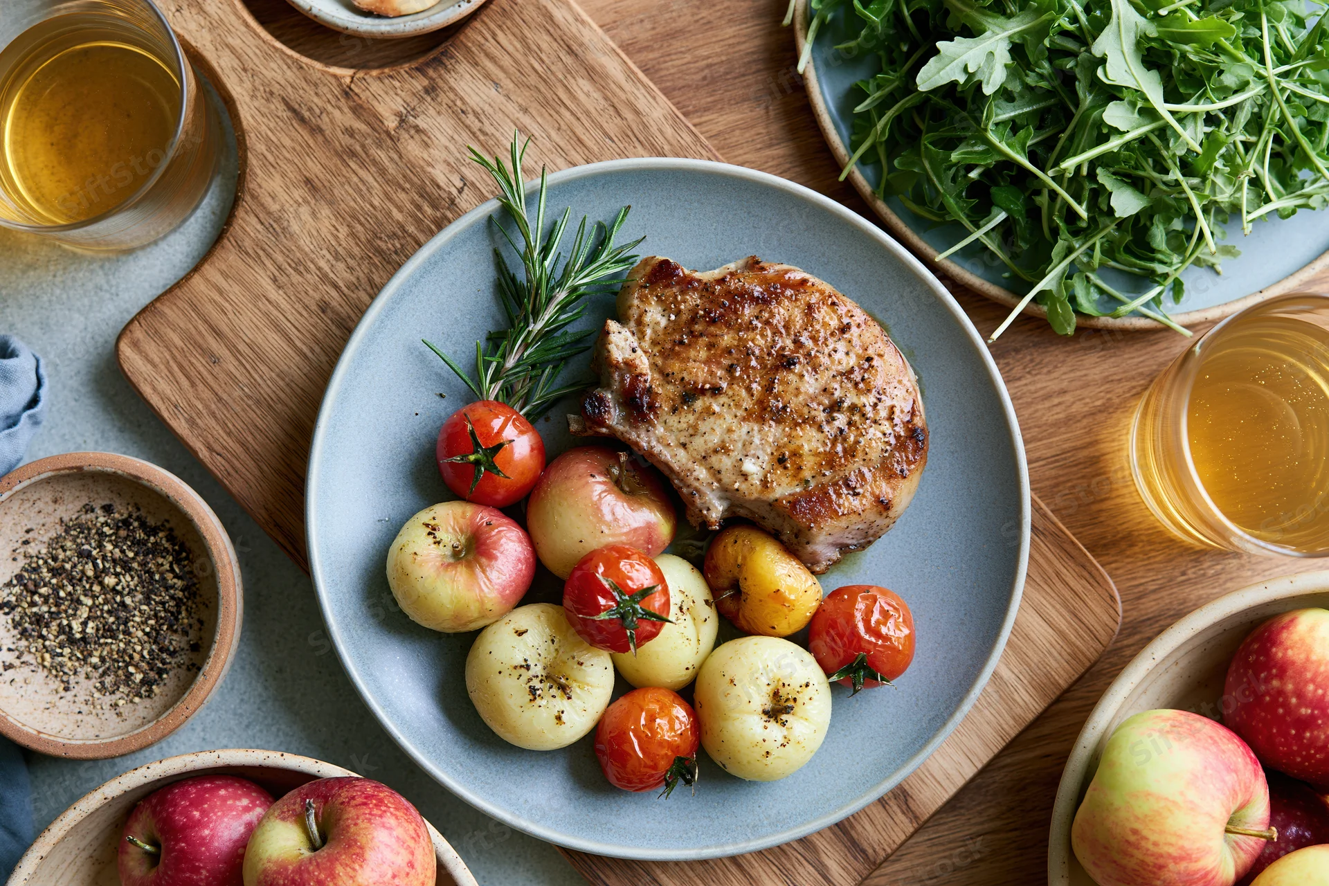 Grilled pork chop with apples and tomatoes on a blue plate arranged on a wooden cutting board with salad and drinks around