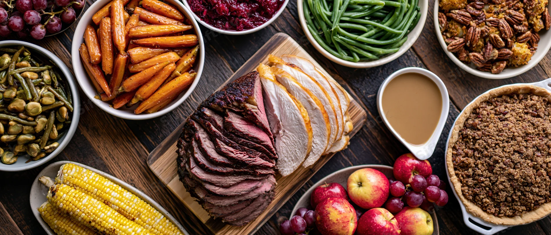 Sliced turkey and roast beef on a wooden board surrounded by holiday side dishes and desserts on a dark wooden table