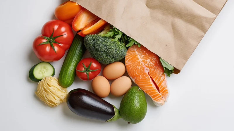 Fresh groceries spilling from a kraft paper bag on white surface