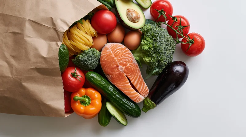 Kraft paper grocery bag spilling fresh vegetables and salmon on white surface