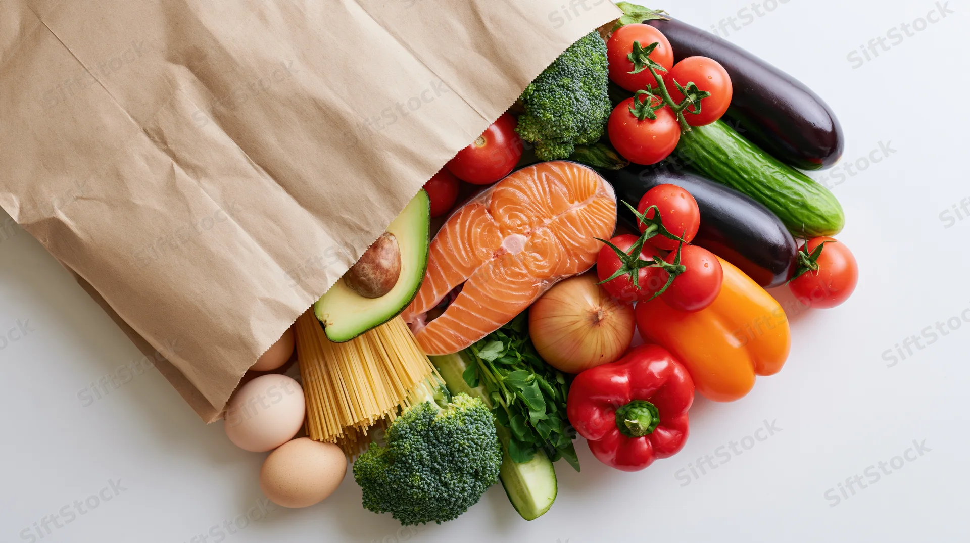 Kraft paper bag spilling fresh vegetables, salmon, eggs and pasta on white surface
