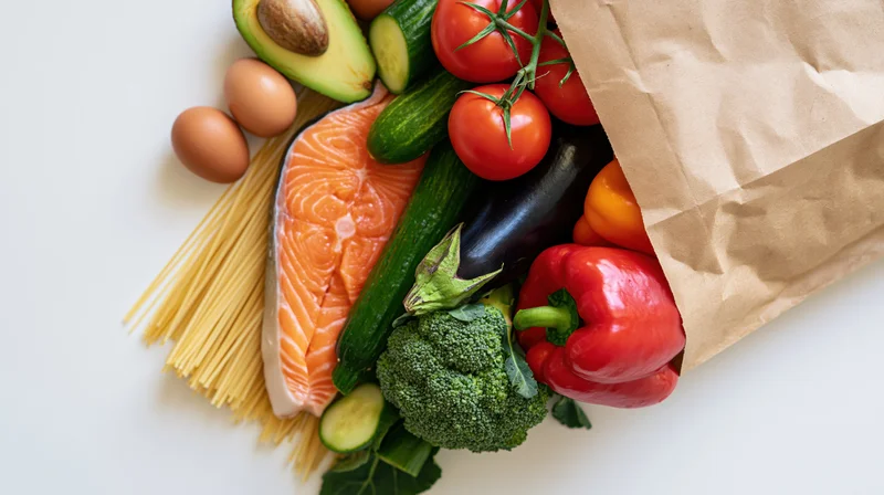Fresh vegetables and salmon spilling from a kraft paper bag on white surface