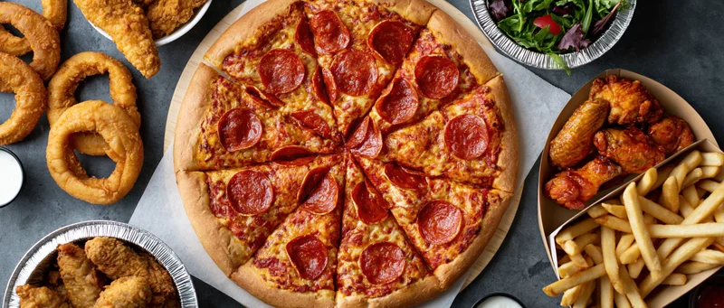 Overhead view of a large sliced pepperoni pizza surrounded by fried foods and sides on a dark table