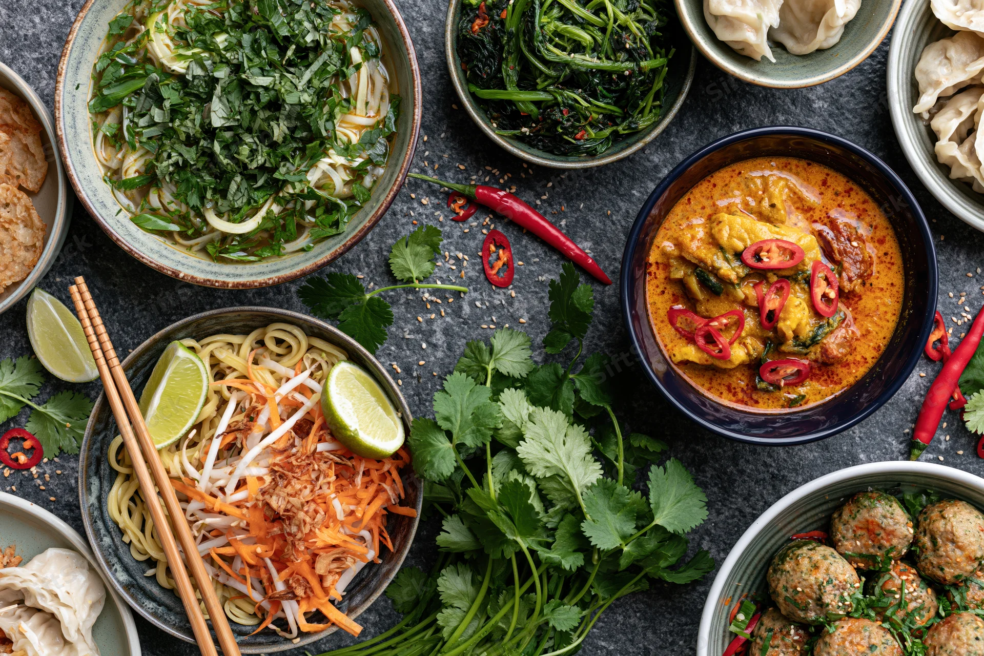Overhead flat lay of southeast asian dishes arranged on dark stone surface with bowls of noodles, curry, dumplings, meatballs, herbs, lime, and chili peppers