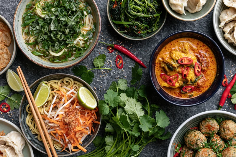 Overhead flat lay of southeast asian dishes arranged on dark stone surface with bowls of noodles, curry, dumplings, meatballs, herbs, lime, and chili peppers