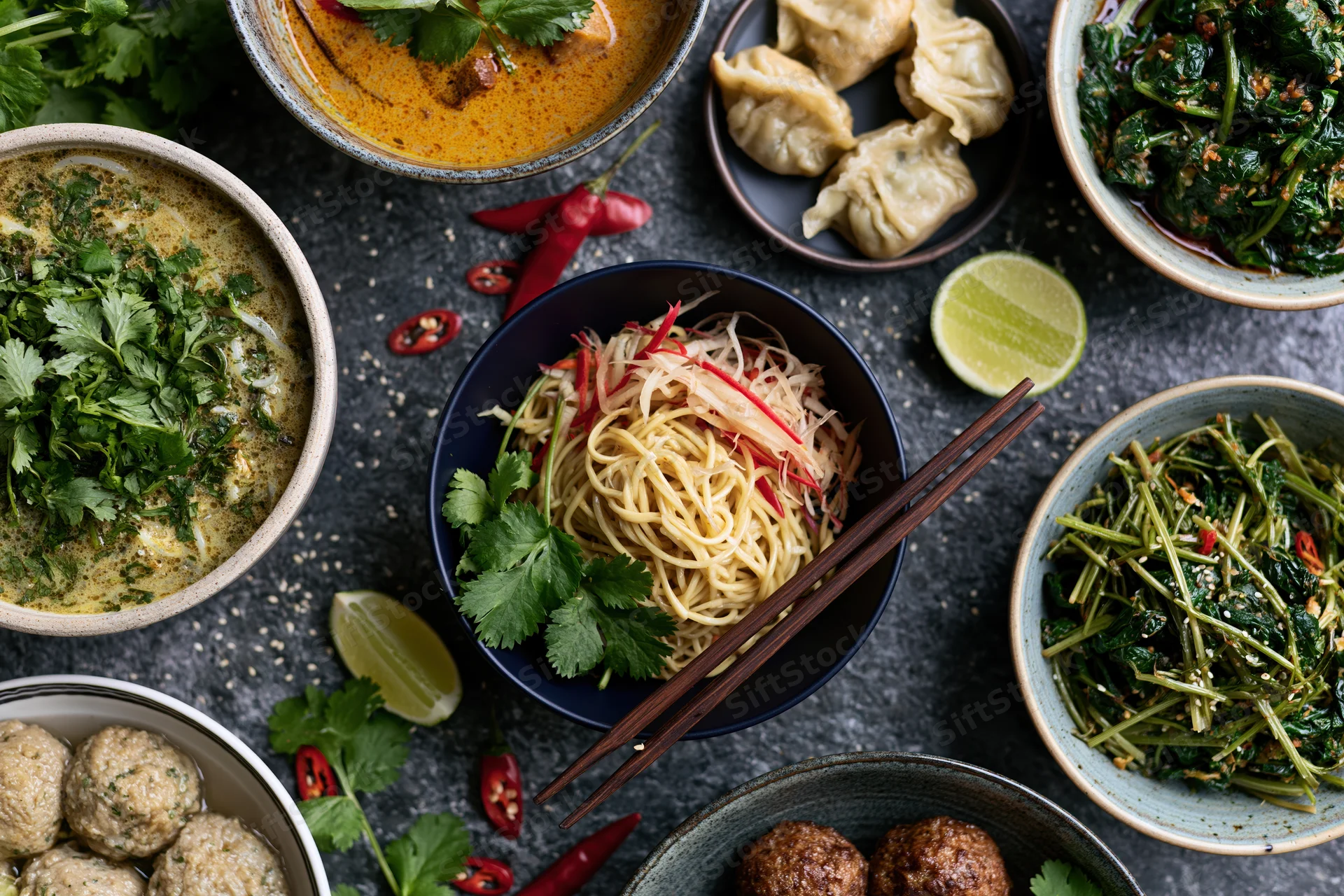 Overhead flat lay of southeast asian dishes arranged on dark stone surface with bowls of noodles, dumplings, meatballs, vegetables, herbs, lime, chili, and chopsticks
