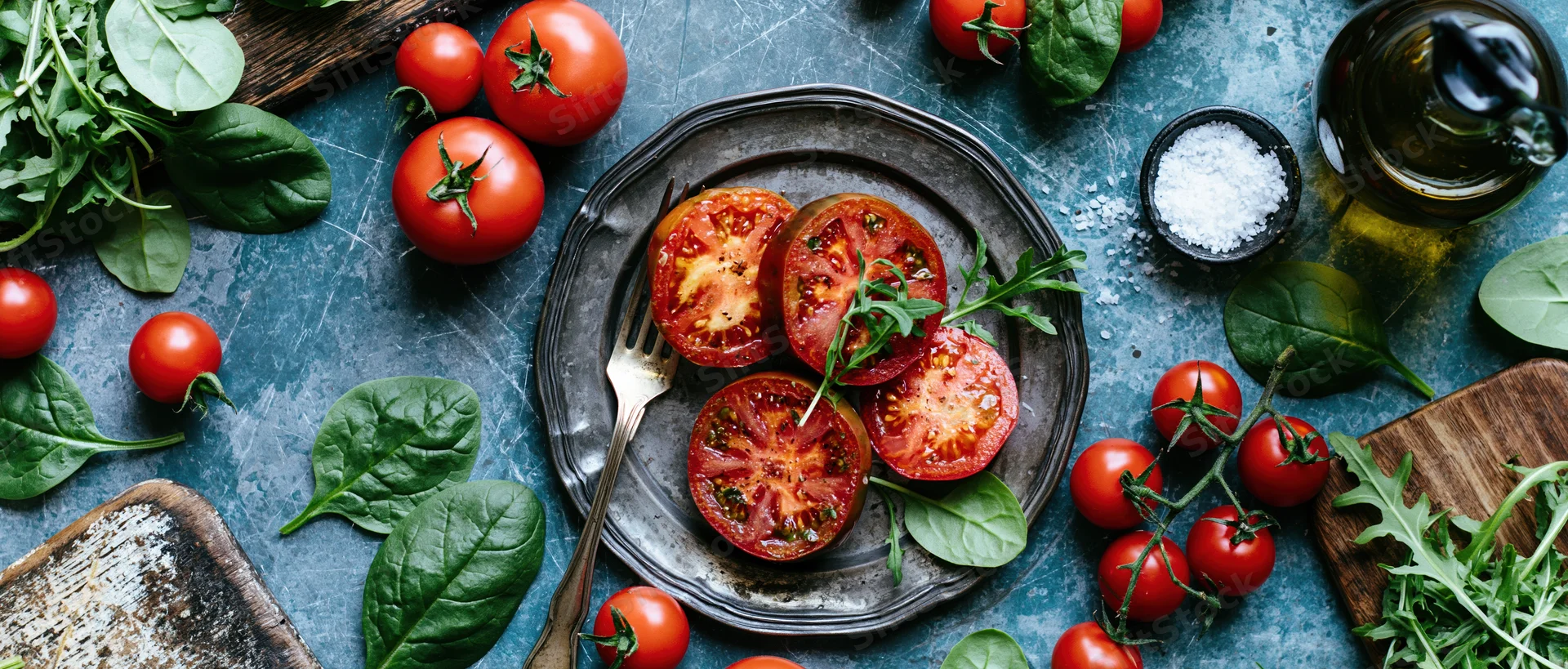 Overhead flat lay of a rustic tomato salad with spinach and arugula on a dark countertop