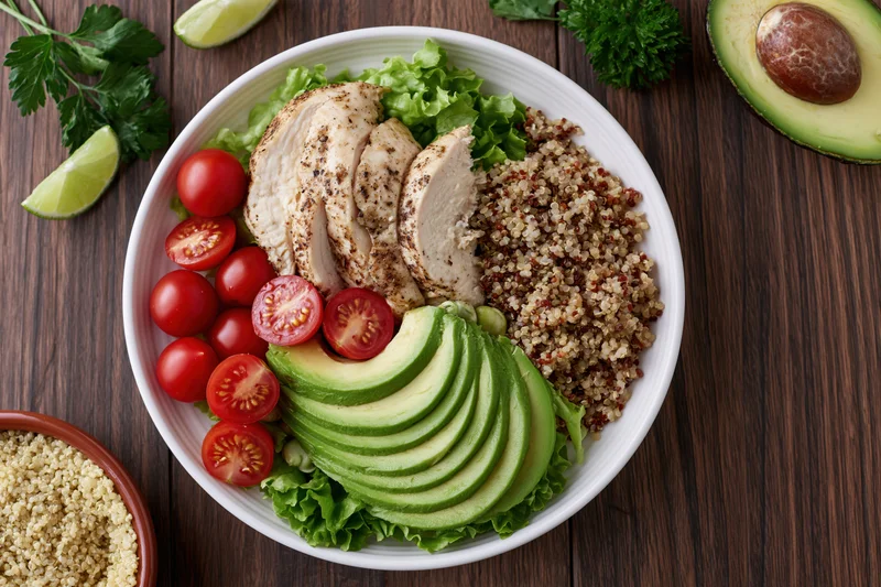 Buddha bowl with quinoa, sliced chicken, avocado, cherry tomatoes and lettuce on wooden table