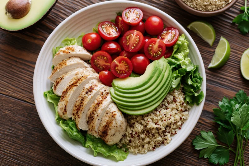 Overhead view of a buddha bowl with grilled chicken, avocado, quinoa, cherry tomatoes, and lettuce on a wooden table
