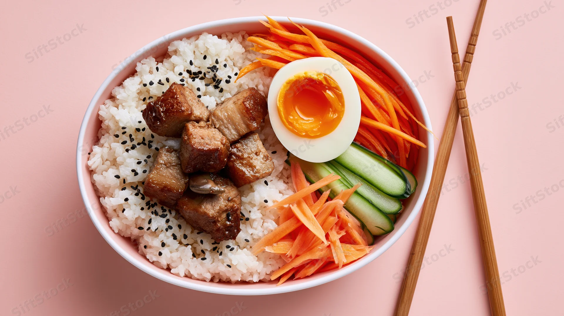 White bowl filled with rice, pork, half-boiled egg, shredded carrots and cucumbers, chopsticks beside on pink surface