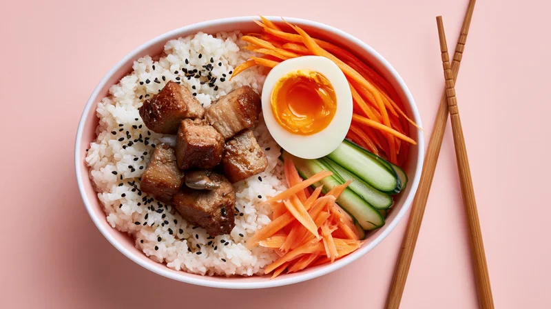White bowl filled with rice, pork, half-boiled egg, shredded carrots and cucumbers, chopsticks beside on pink surface