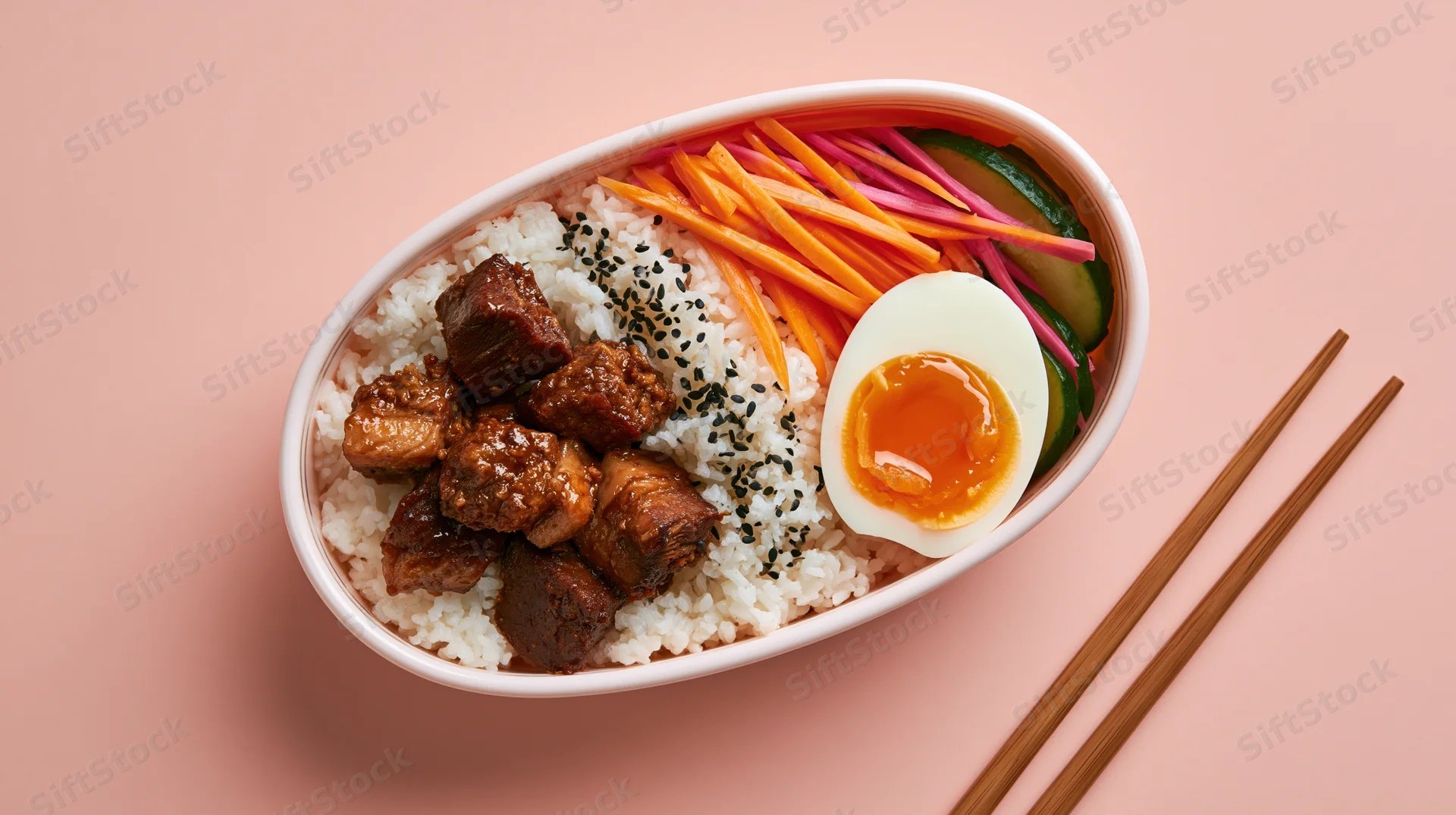 White oval bento box with rice, beef, boiled egg and vegetables arranged on pink surface with chopsticks beside