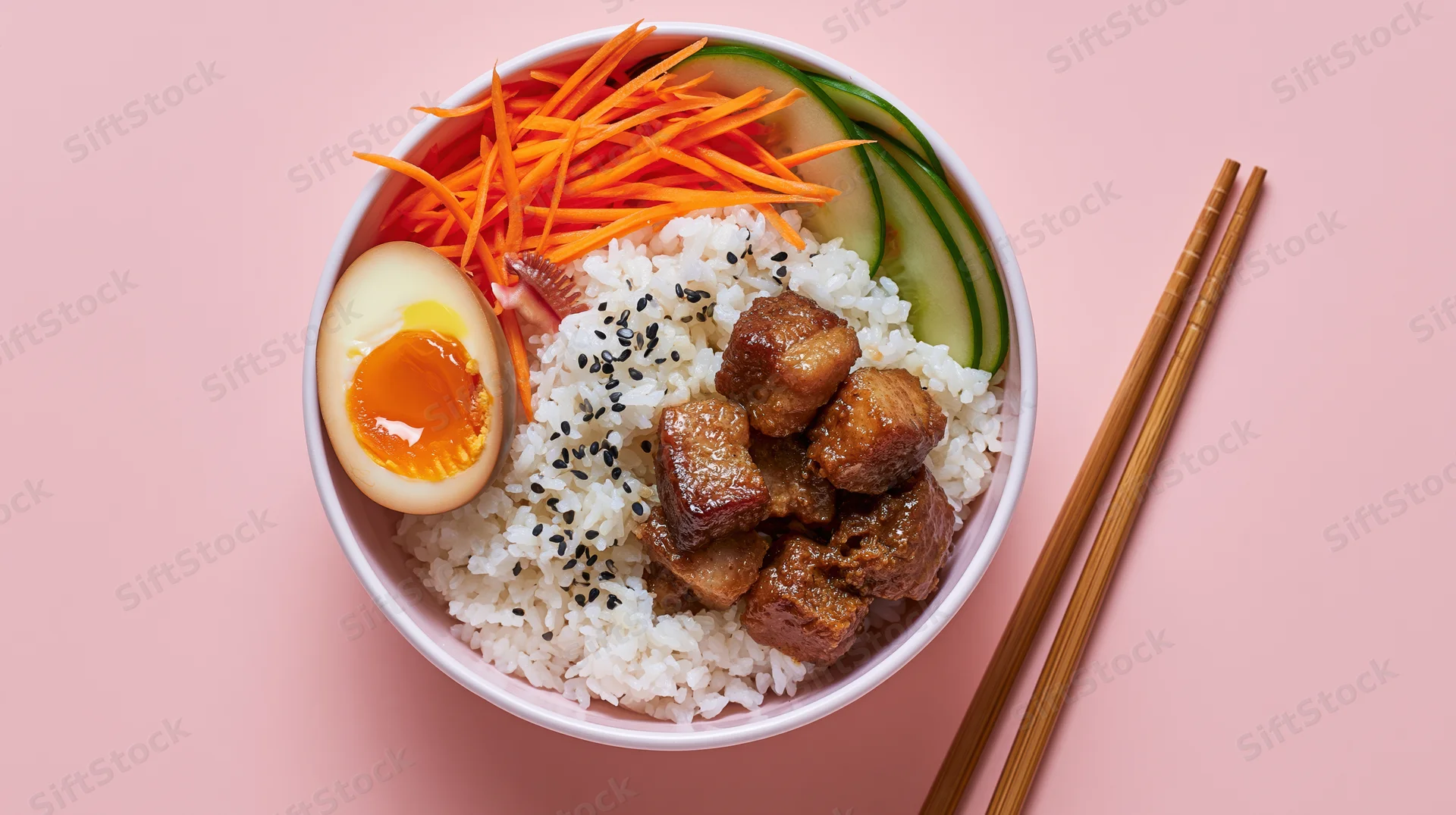 White bowl filled with rice, pork, egg, carrots and cucumber on pink surface with chopsticks beside