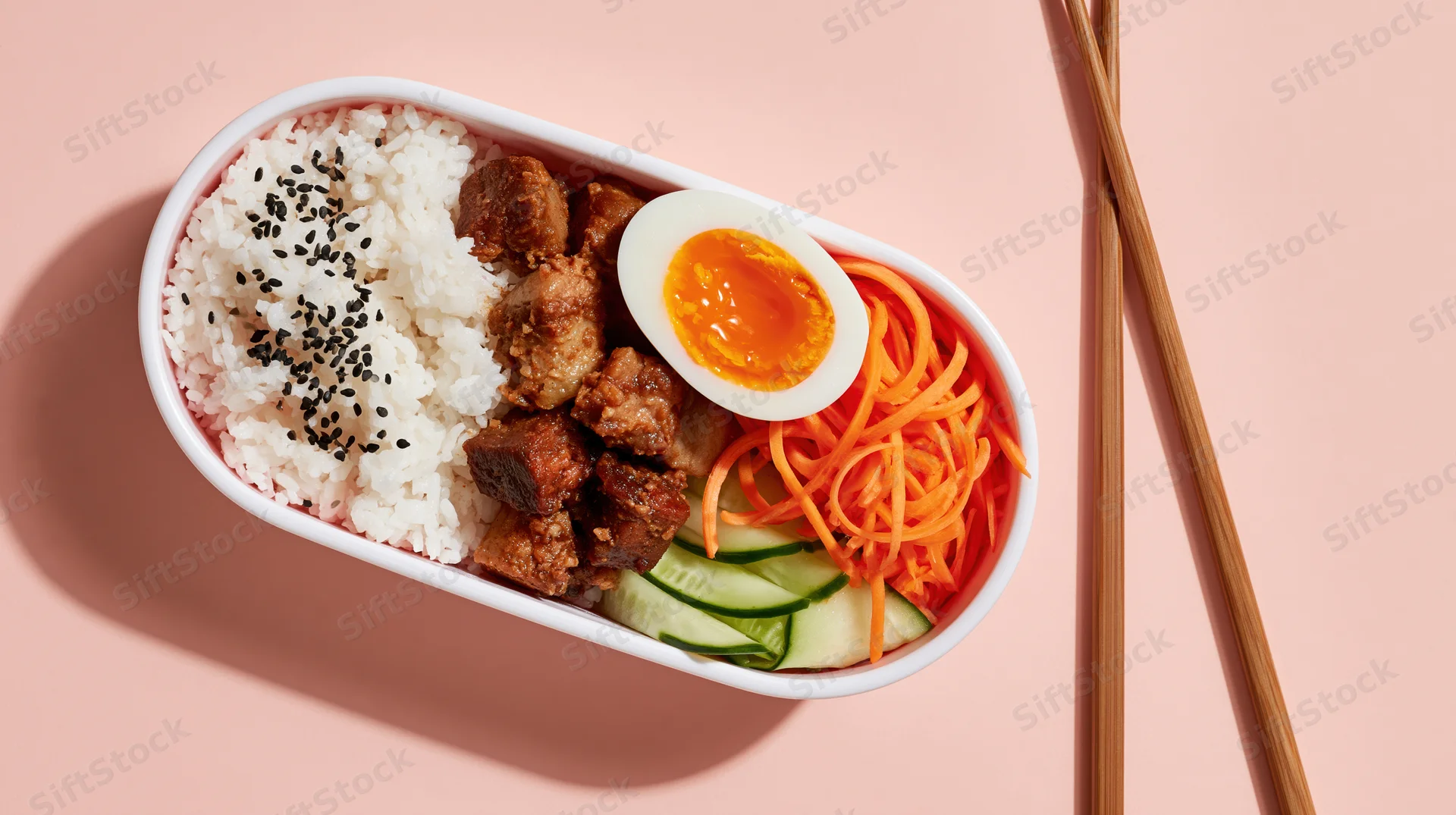 White oval bento box with rice, meat, egg, carrots and cucumbers on pink surface with chopsticks beside