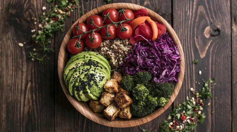 Wooden bowl filled with sliced avocado, cherry tomatoes, broccoli, purple cabbage, quinoa, tofu and sesame seeds on dark wooden table
