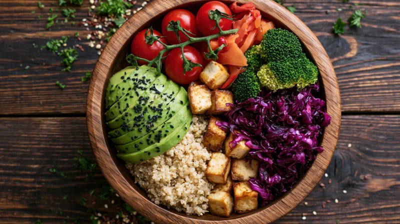 Wooden bowl filled with avocado, quinoa, tofu, broccoli, red cabbage and tomatoes arranged on dark wood surface