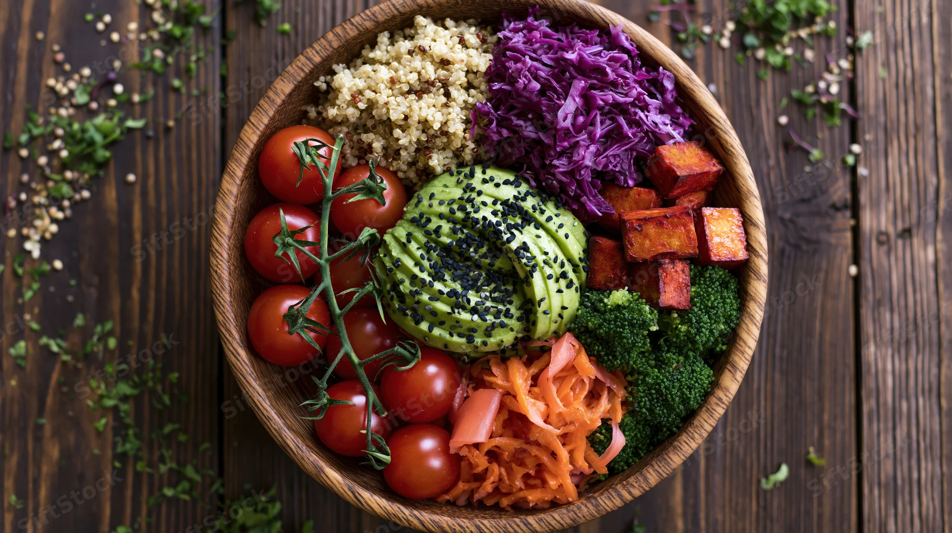 Wooden bowl filled with sliced avocado, quinoa, cherry tomatoes, broccoli, shredded carrots, purple cabbage, and tempeh on dark wood surface