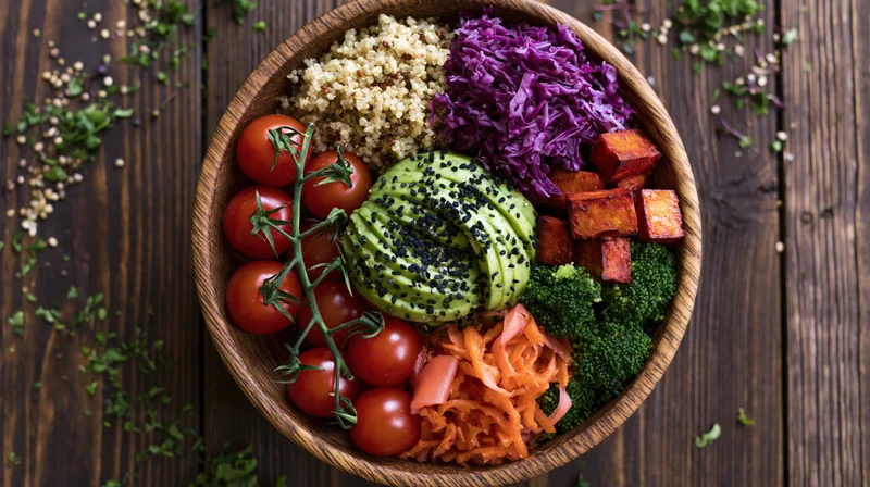 Wooden bowl filled with sliced avocado, quinoa, cherry tomatoes, broccoli, shredded carrots, purple cabbage, and tempeh on dark wood surface
