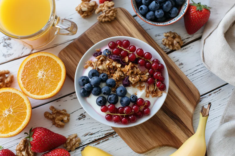Yogurt bowl topped with granola, blueberries, redcurrants and strawberries on wooden cutting board surrounded by fruit and juice