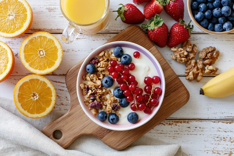 Yogurt bowl topped with granola and mixed berries on a wooden cutting board with fresh fruit and juice arranged around it on a white rustic table