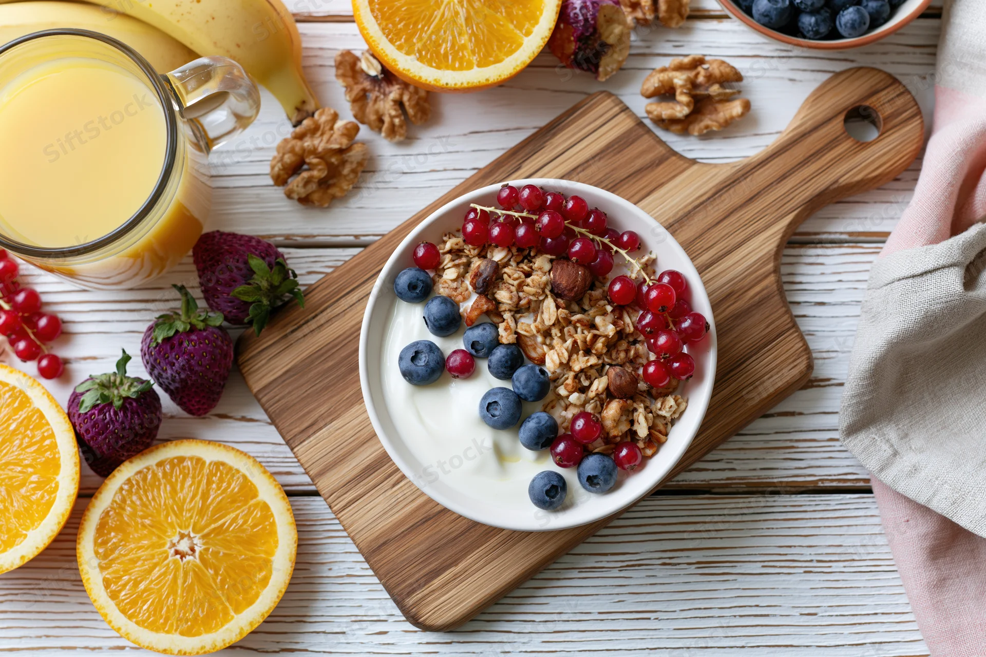 Yogurt bowl topped with granola and mixed berries on a wooden cutting board with fresh fruit and juice around