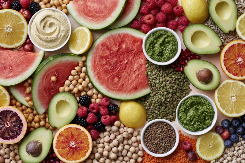 Overhead flat lay of fresh fruits vegetables and grains arranged together
