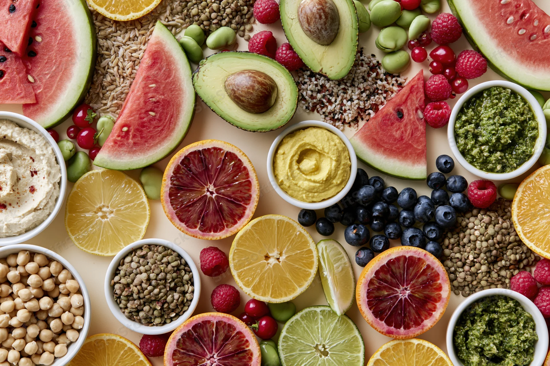 Overhead flat lay of fresh fruits vegetables and grains arranged on a light surface