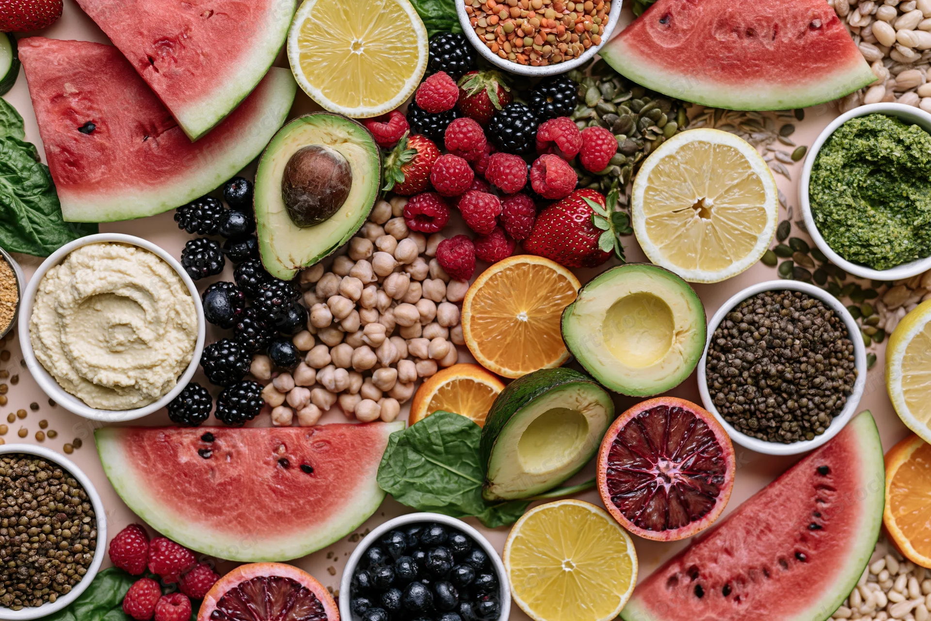 Overhead flat lay of fresh fruits vegetables and grains arranged together on a surface