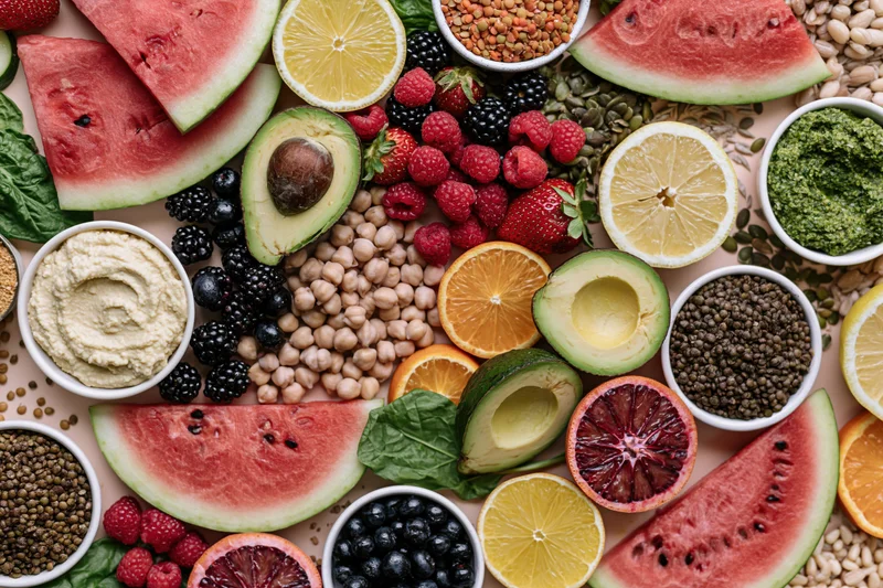 Overhead flat lay of fresh fruits vegetables and grains arranged together on a surface
