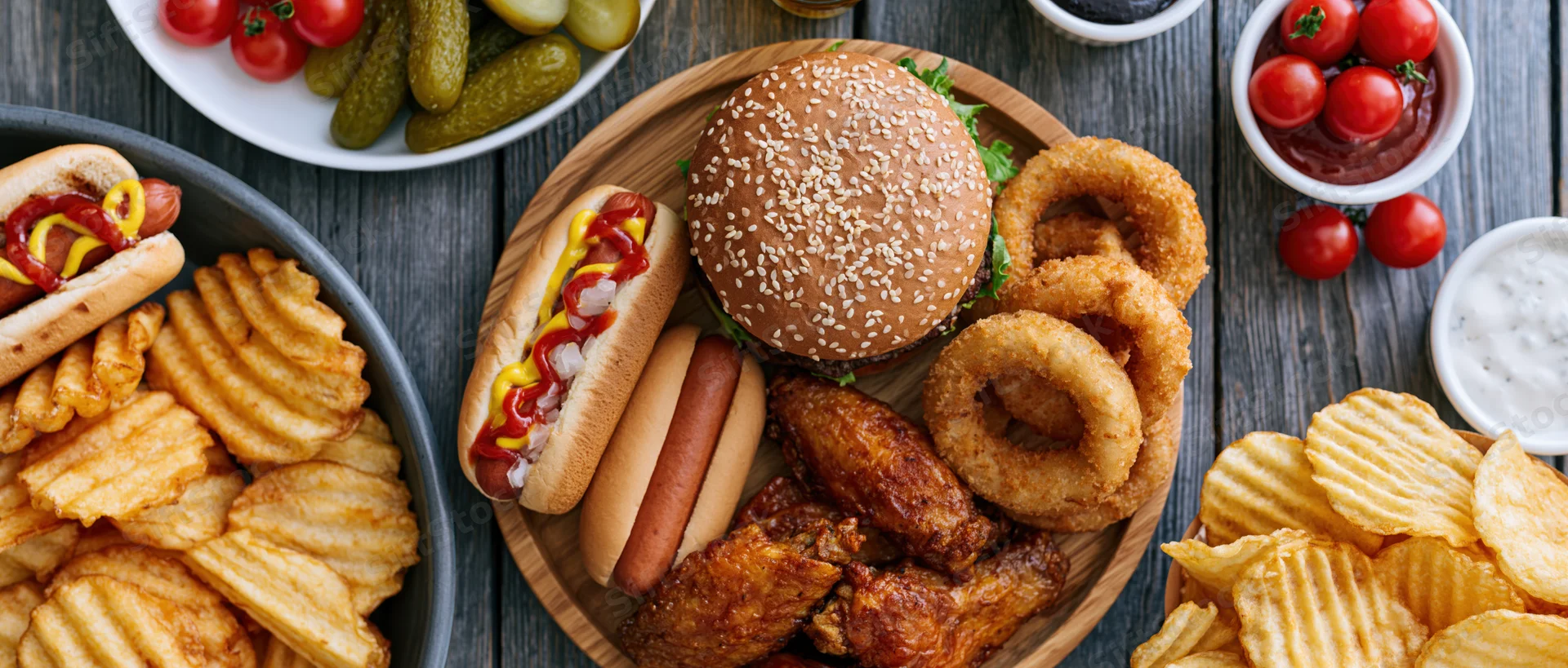 Overhead flat lay of american casual dining spread with burger, hotdogs, fries, onion rings and chicken wings on dark wooden table