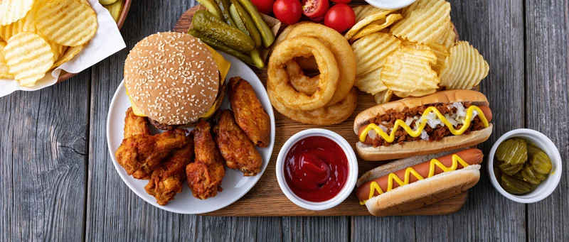 Overhead flat lay of american casual dining spread with burger, hotdogs, fries, onion rings, chicken wings, and condiments on wooden table