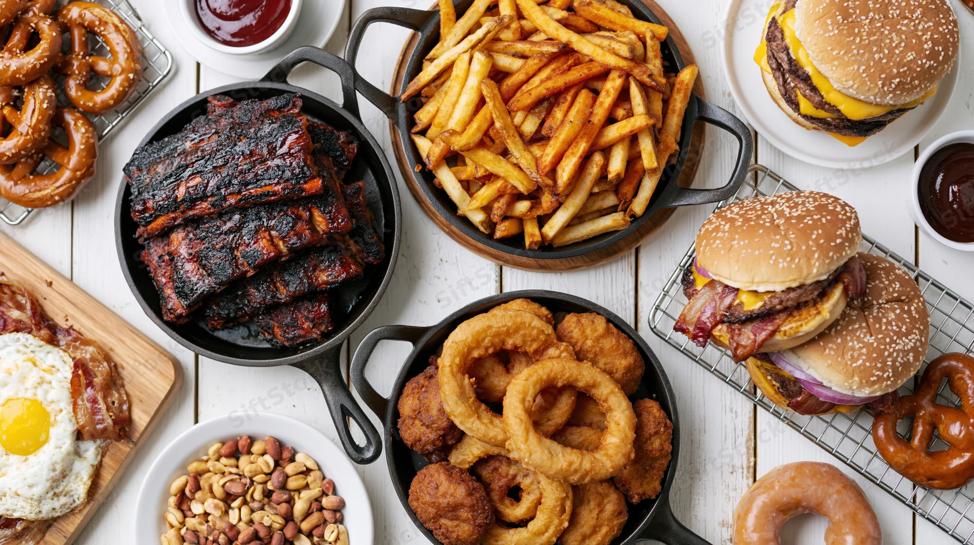 Overhead flat lay of american comfort food spread featuring burgers, fries, ribs, onion rings, pretzels, bacon, egg, and peanuts on white wooden surface
