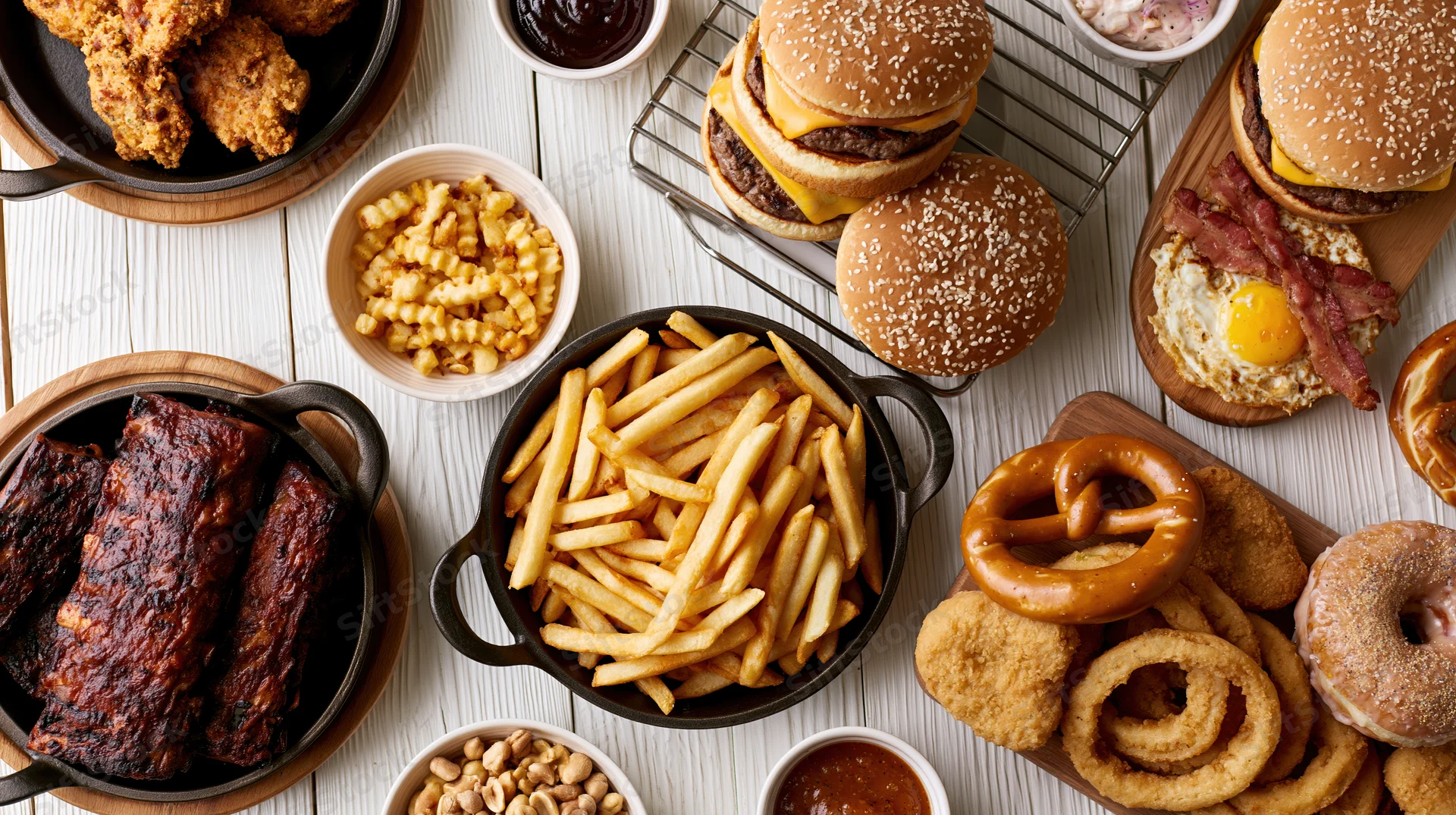 Overhead flat lay of american comfort food spread on white wooden table with burgers, fries, ribs, onion rings, pretzels, donuts, chicken nuggets, and condiments
