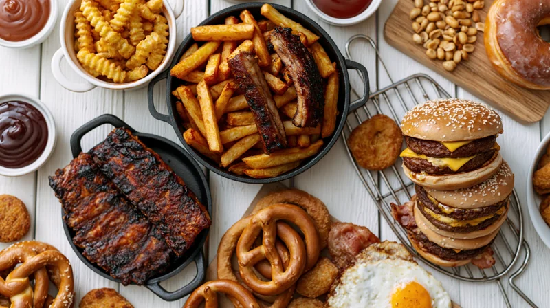 Overhead flat lay of american comfort food spread on white wooden table featuring burgers, fries, ribs, donuts, pretzels, bacon, egg, and sauces
