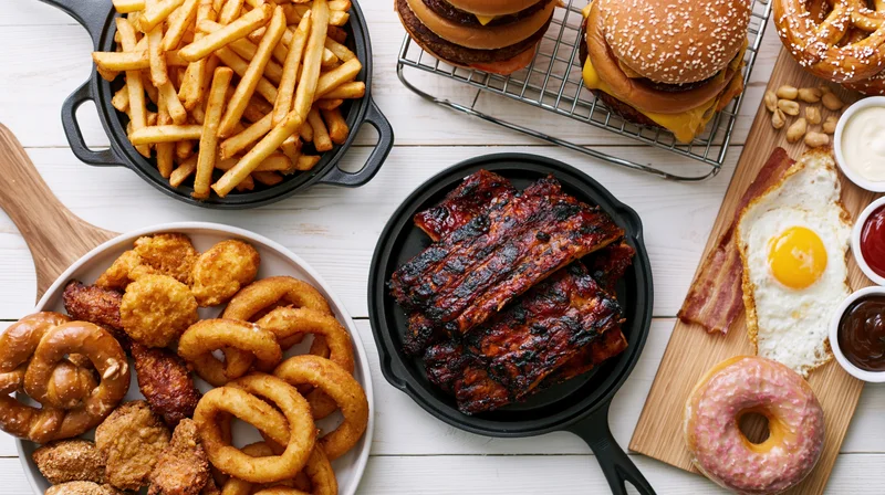 Overhead flat lay of american comfort food spread on white wooden table featuring burgers, fries, ribs, onion rings, pretzels, donut, fried egg, bacon, and condiments