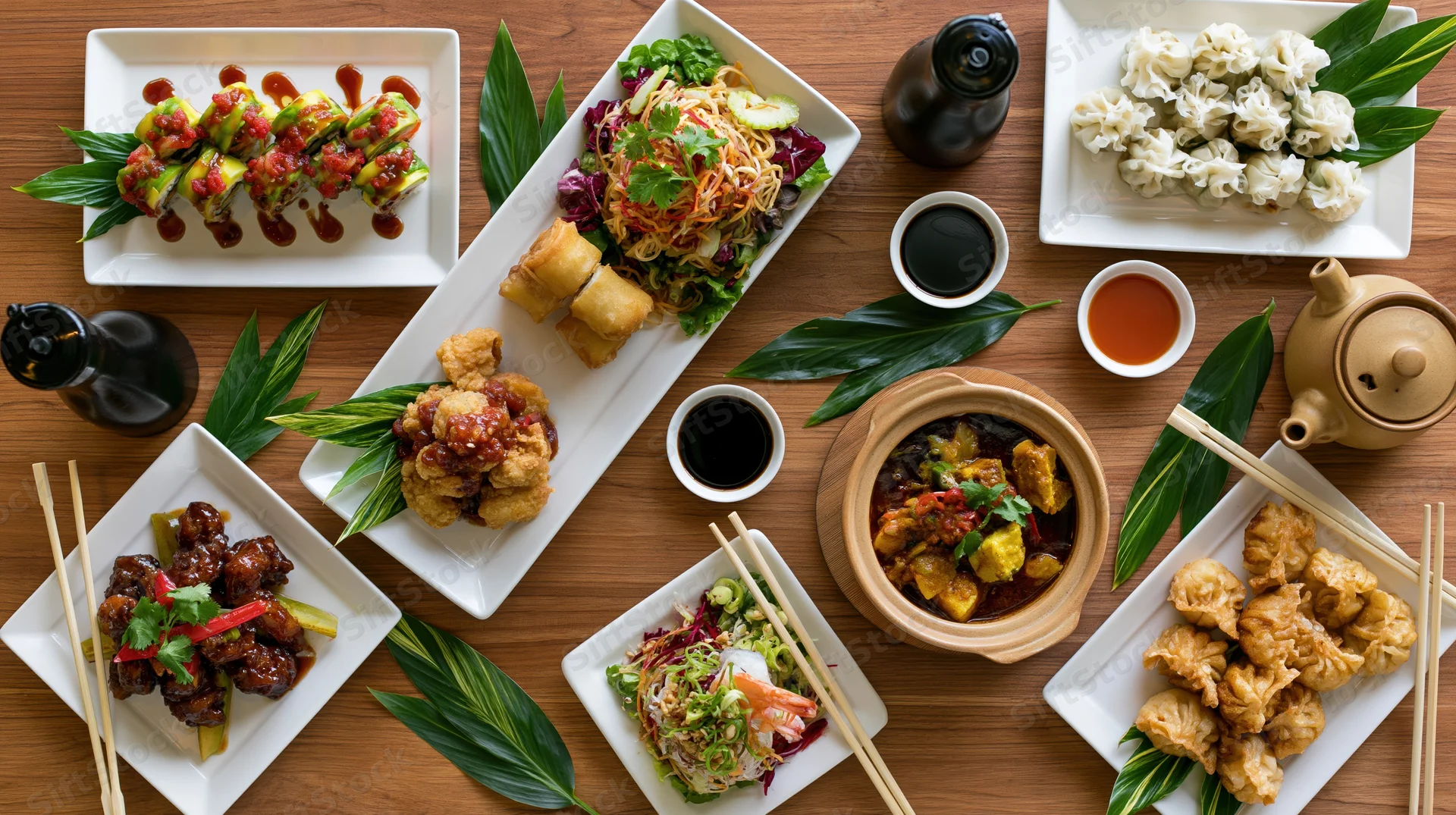 Overhead flat lay of an asian restaurant spread with various dishes on a wooden table