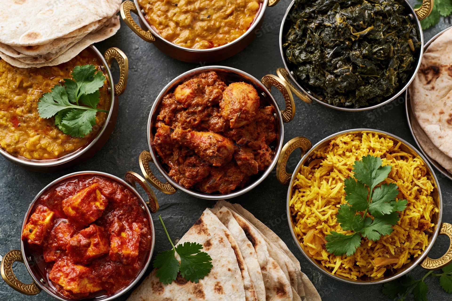Overhead flat lay of an indian feast with curry, rice, naan and garnishes on a dark stone surface