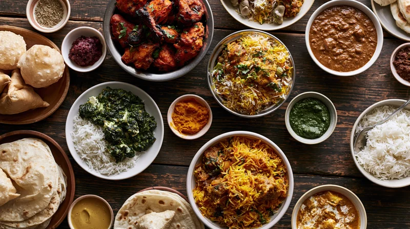 Indian feast spread across dark wooden table with variety of dishes including biryani, naan, curry, and chutney
