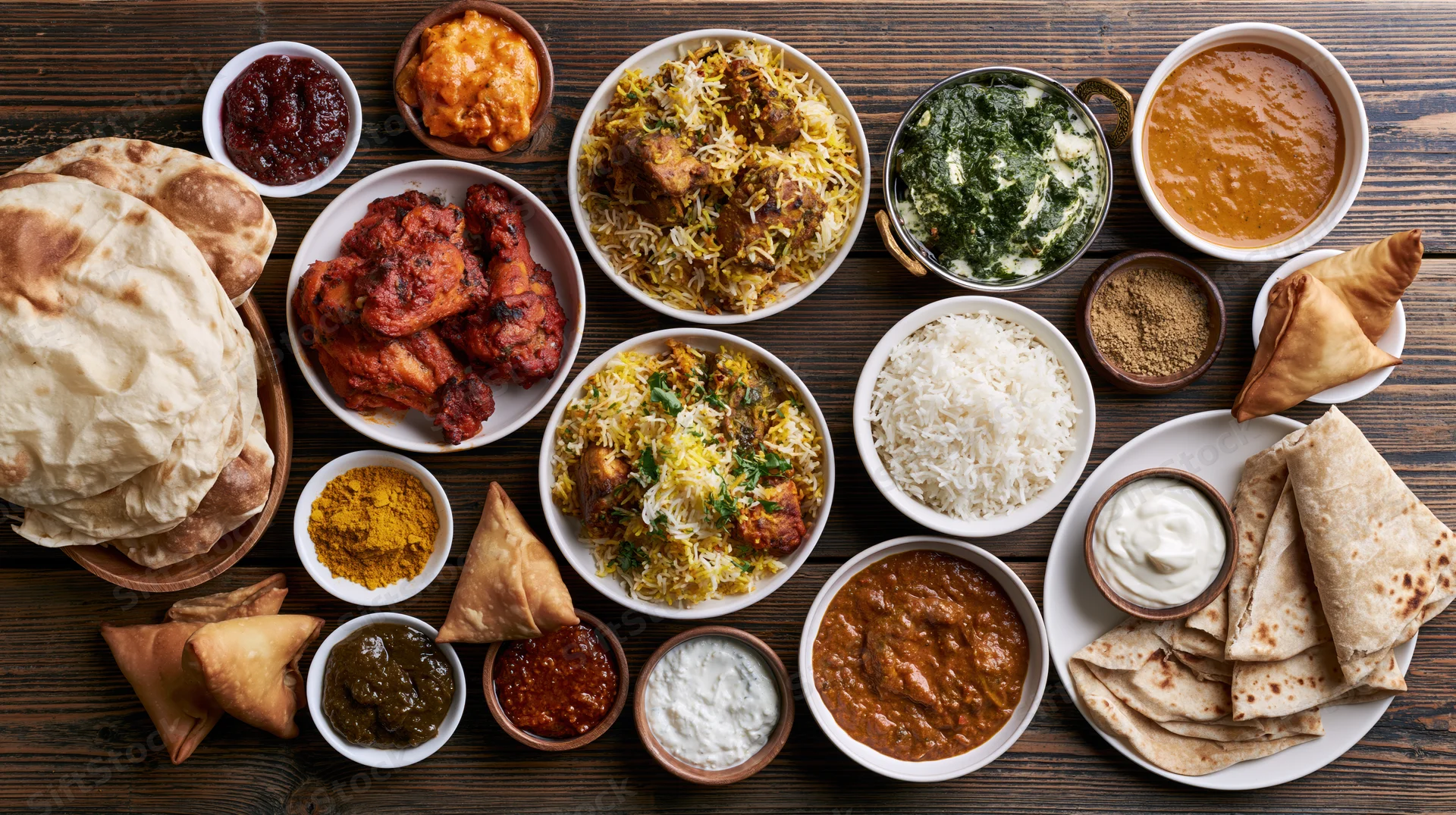 Indian feast spread with biryani, naan, samosas, curries and chutneys on dark wooden table