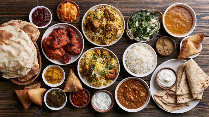 Indian feast spread with biryani, naan, samosas, curries and chutneys on dark wooden table