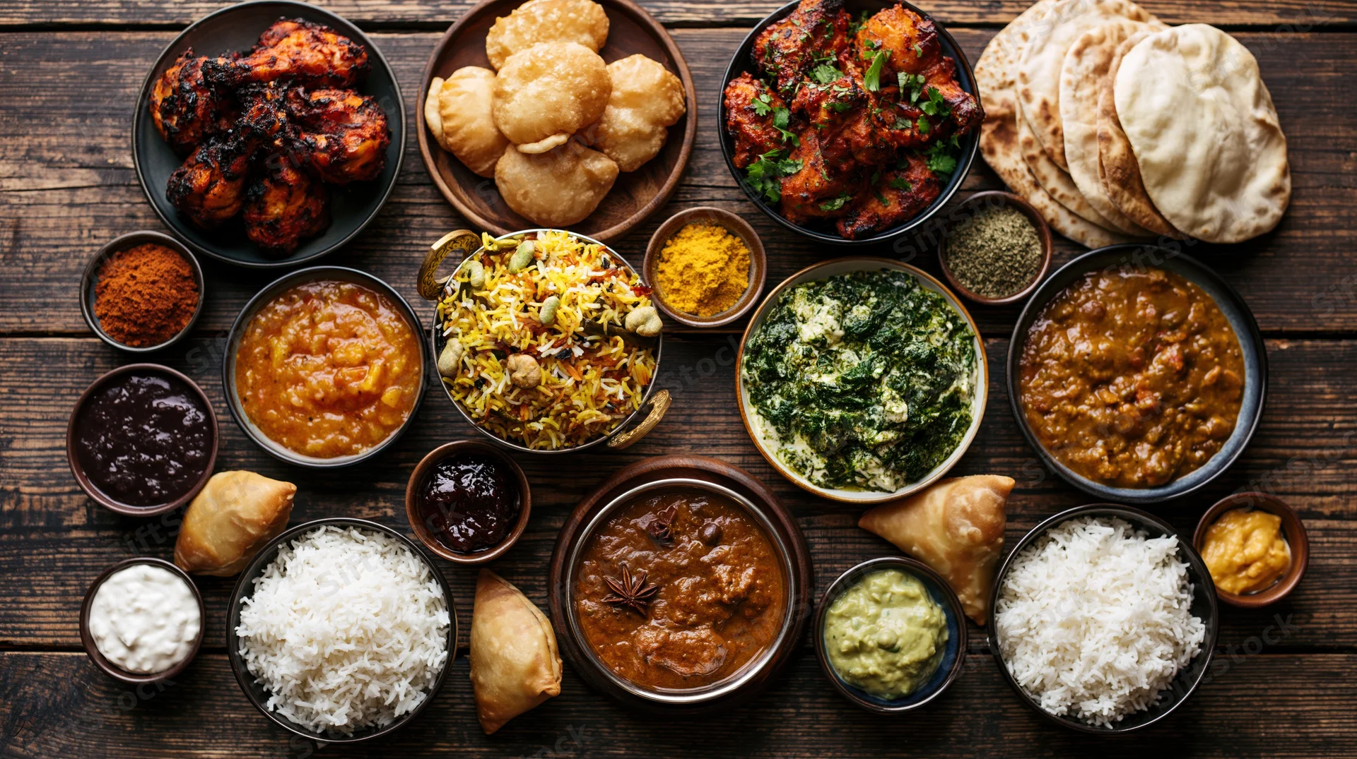 Indian feast spread with curry, rice, naan and samosas on dark wooden table