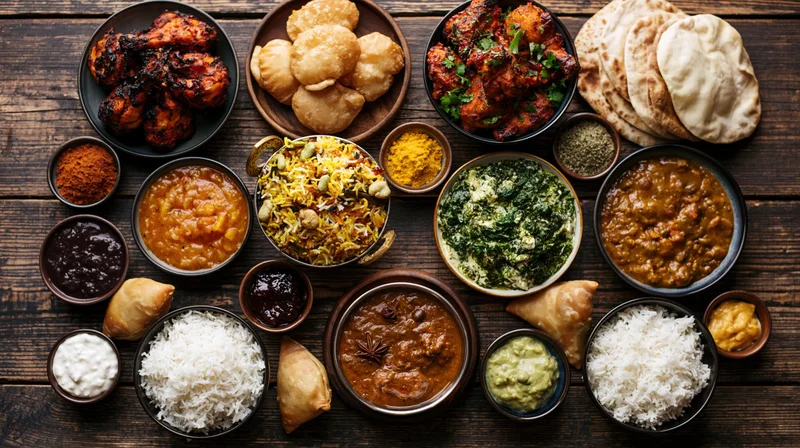 Indian feast spread with curry, rice, naan and samosas on dark wooden table