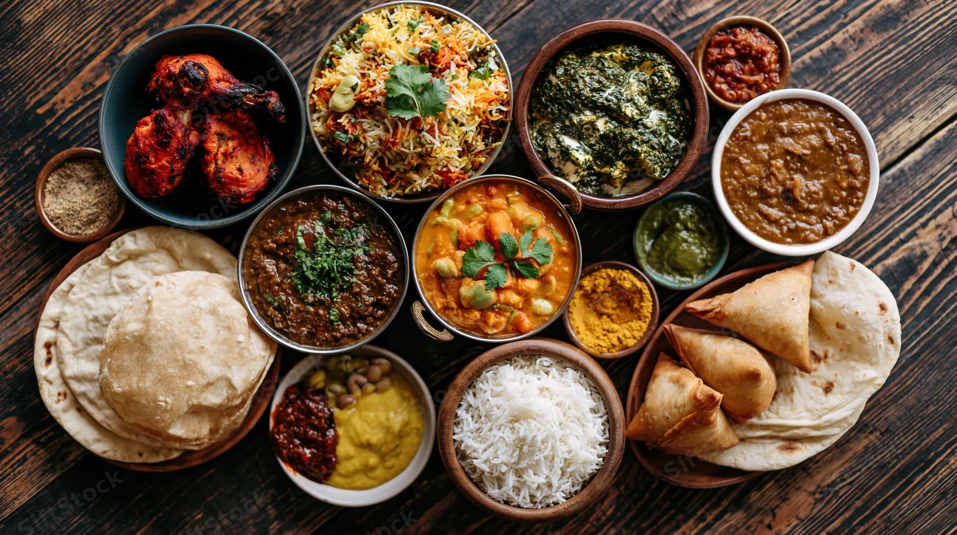 Indian feast spread overhead on dark wooden table with biryani, tandoori chicken, naan, samosas, curries, and chutneys