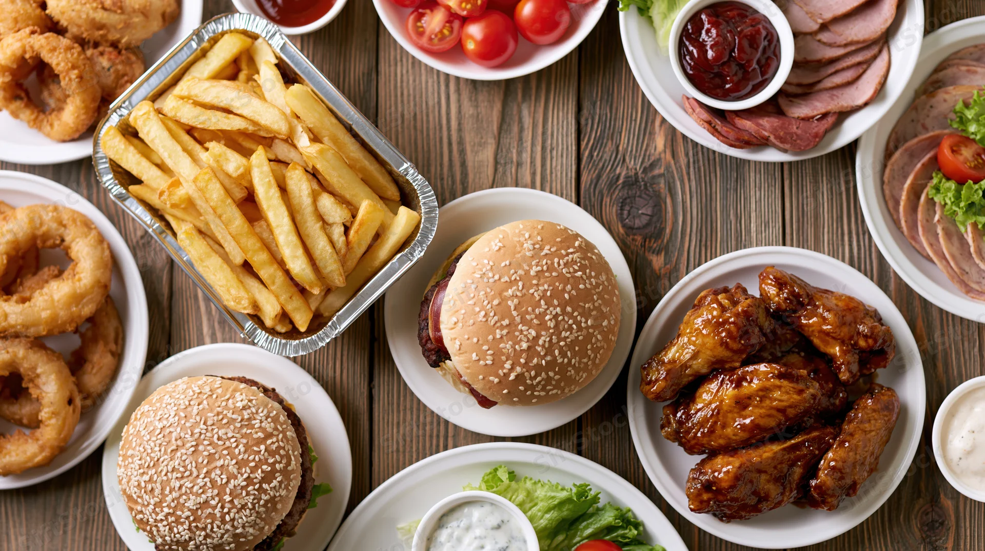 Overhead flat lay of assorted american comfort food spread on wooden table with burgers, fries, onion rings, chicken wings, and condiments