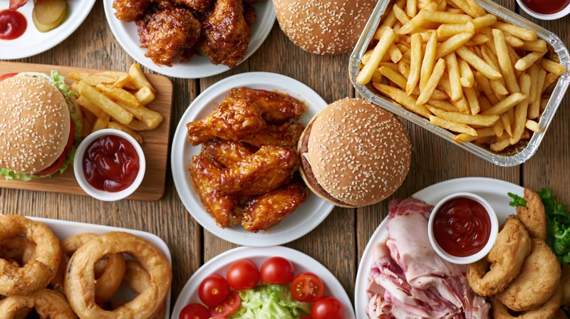 Overhead flat lay of assorted american comfort food spread on wooden table with burgers, fries, wings, onion rings, ketchup, and side dishes