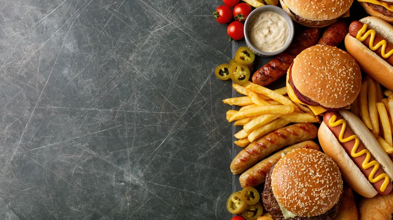 Assorted american fast food burgers, hotdogs and fries arranged on a dark textured surface with copyspace on the left